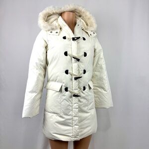 Bossini Outerwear Women’s S Ivory Down Puffer Long Fit Jacket Hood Real Fur Trim